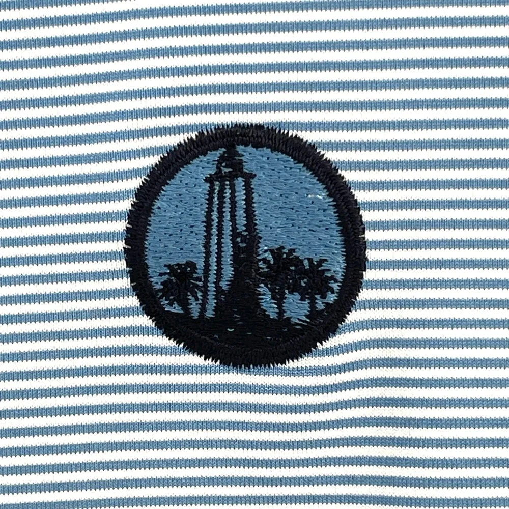 Nike Dri-Fit Golf Polo Shirt Mens L Blue White Striped Lighthouse‎ Short Sleeve